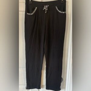 Weekends By Chico's Women's Black Pull On Pants Size 1 Black White Spots Trim